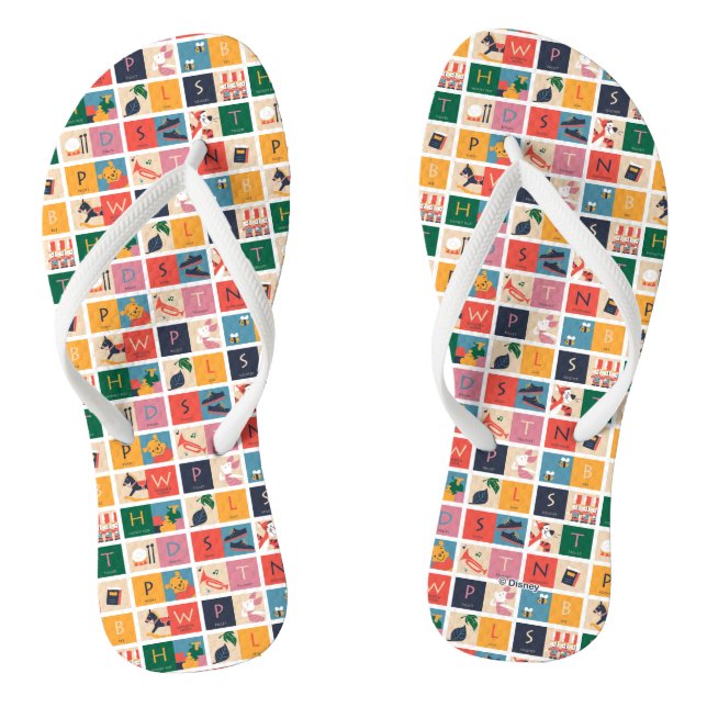 Winnie the Pooh | Cute Block Alphabet Pattern Flip Flops (Footbed)