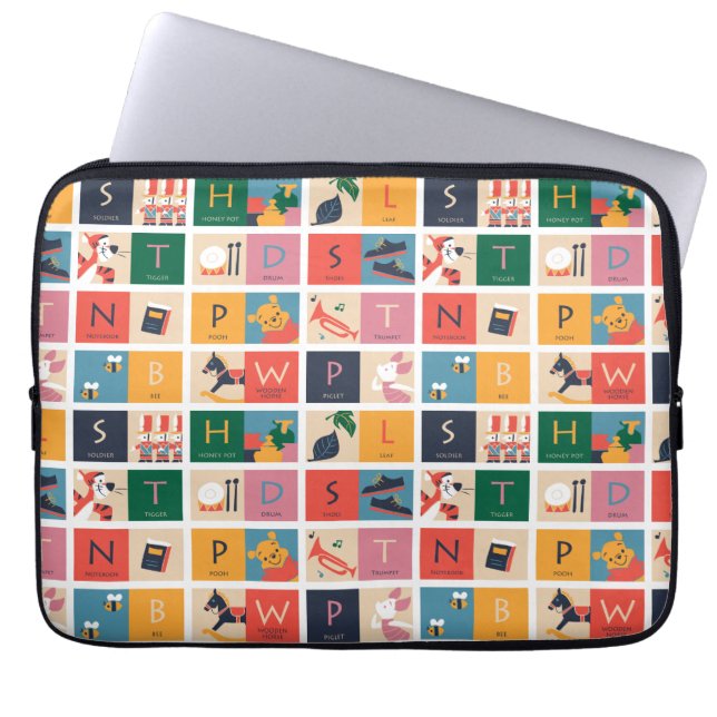 Winnie the Pooh | Cute Block Alphabet Pattern Laptop Sleeve (Front)