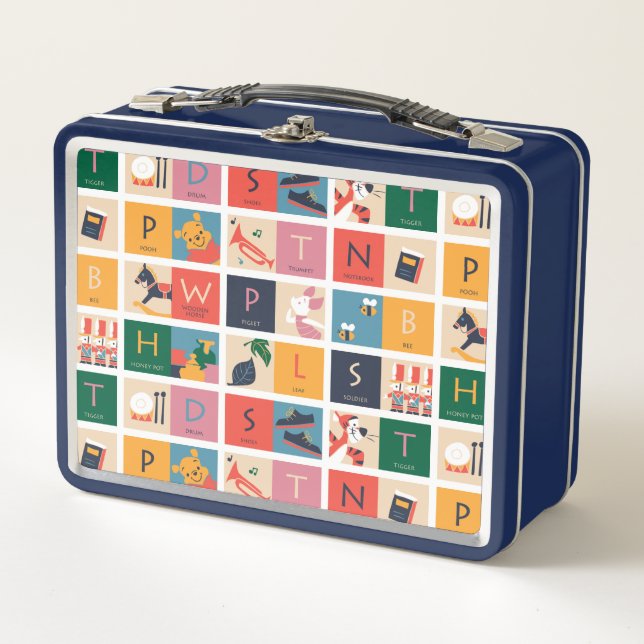 Winnie the Pooh | Cute Block Alphabet Pattern Metal Lunch Box (Front)