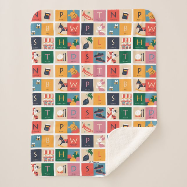 Winnie the Pooh | Cute Block Alphabet Pattern Sherpa Blanket (Front)