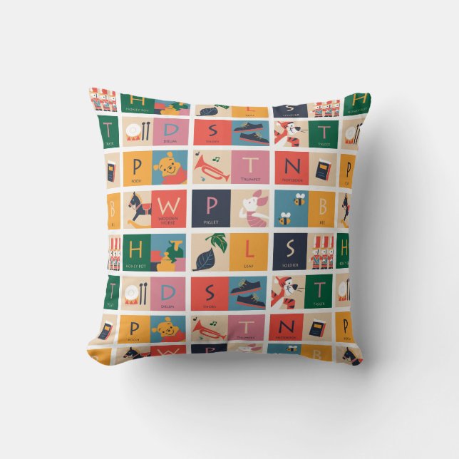 Winnie the Pooh | Cute Block Alphabet Pattern Throw Pillow (Front)