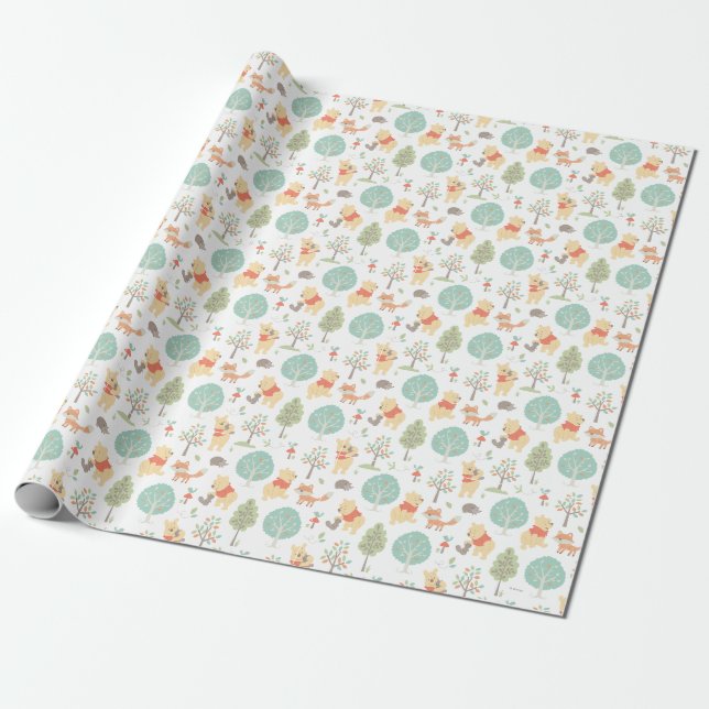 Winnie the Pooh | Cute Woodland Animals Pattern Wrapping Paper (Unrolled)