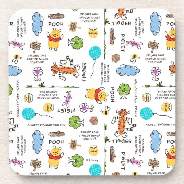 Winnie the Pooh | Friends Doodle Sketch Pattern Coaster (Front)