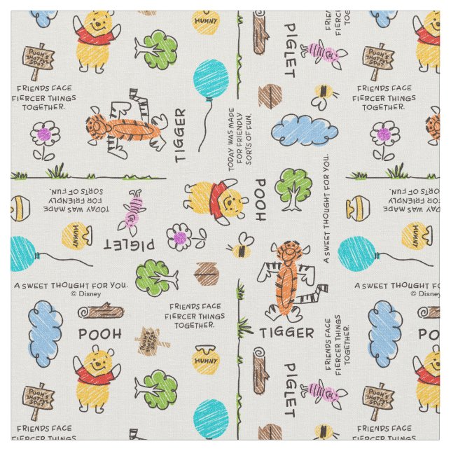 Winnie the Pooh | Friends Doodle Sketch Pattern Fabric (Close Up)
