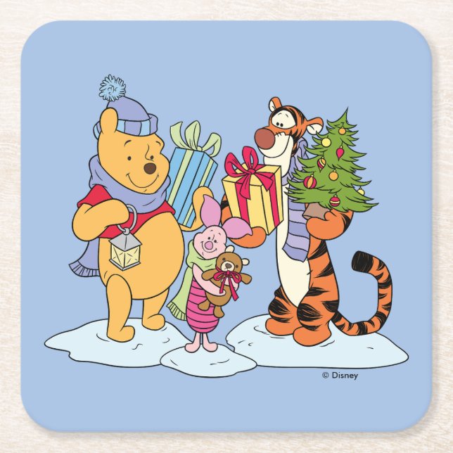 Winnie the Pooh | Happy Holidays Gift Giving Square Paper Coaster (Front)