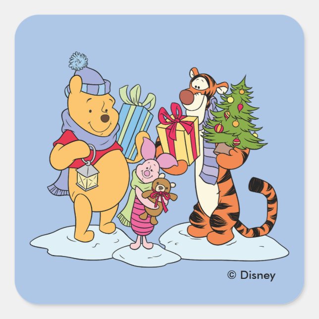 Winnie the Pooh | Happy Holidays Gift Giving Square Sticker (Front)
