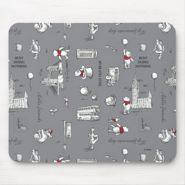 Winnie the Pooh | Hello Friends Grey Pattern Mouse Pad (Front)