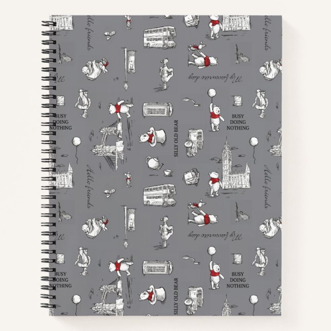 Winnie the Pooh | Hello Friends Grey Pattern Notebook (Front)