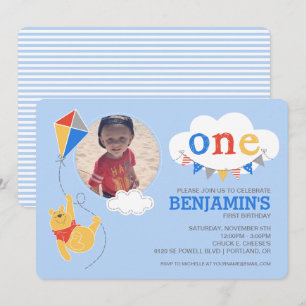 Winnie the Pooh Kite   Baby Boy Photo 1st Birthday Invitation