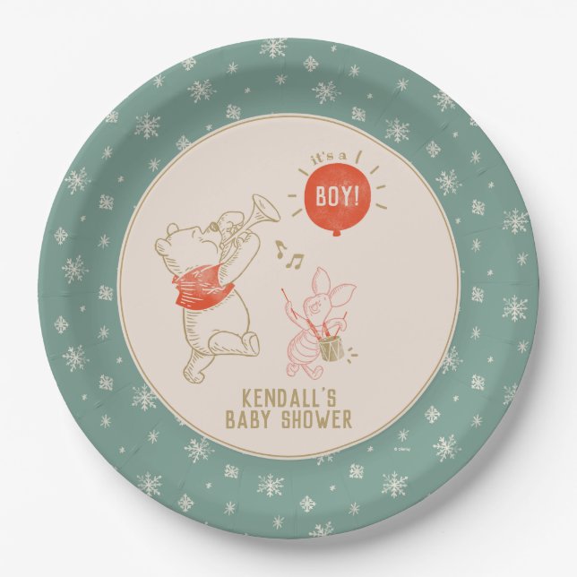 Winnie the Pooh & Piglet Winter | Boy Baby Shower  Paper Plate (Front)