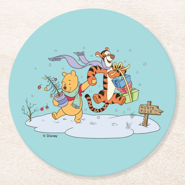 Winnie the Pooh | Pooh & Tigger Christmas Gifts Round Paper Coaster (Front)