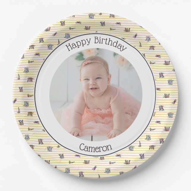 Winnie the Pooh Watercolor First Birthday Photo Paper Plate (Front)