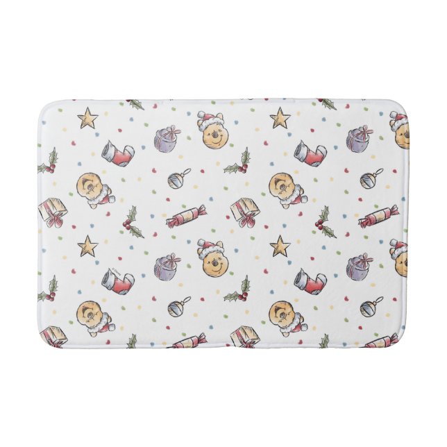 Winnie the Pooh Watercolor Holiday Pattern Bath Mat (Front)