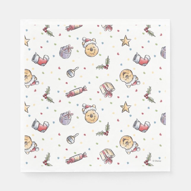 Winnie the Pooh Watercolor Holiday Pattern Napkin (Front)