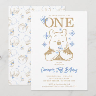 Winnie the Pooh   Winter Snowflake First Birthday Invitation