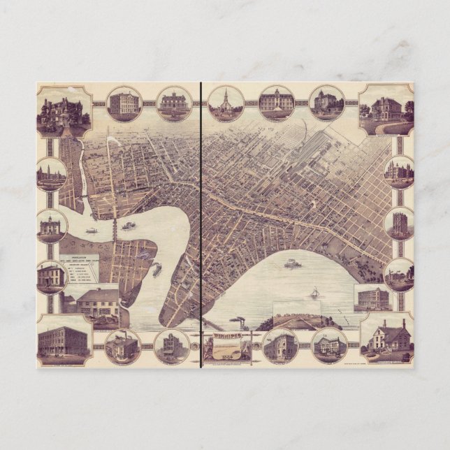 Winnipeg Manitoba Canada Bird's Eye View Map 1884 Postcard (Front)