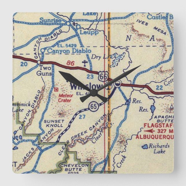 Winslow Arizona Route 66 Map Square Wall Clock (Front)