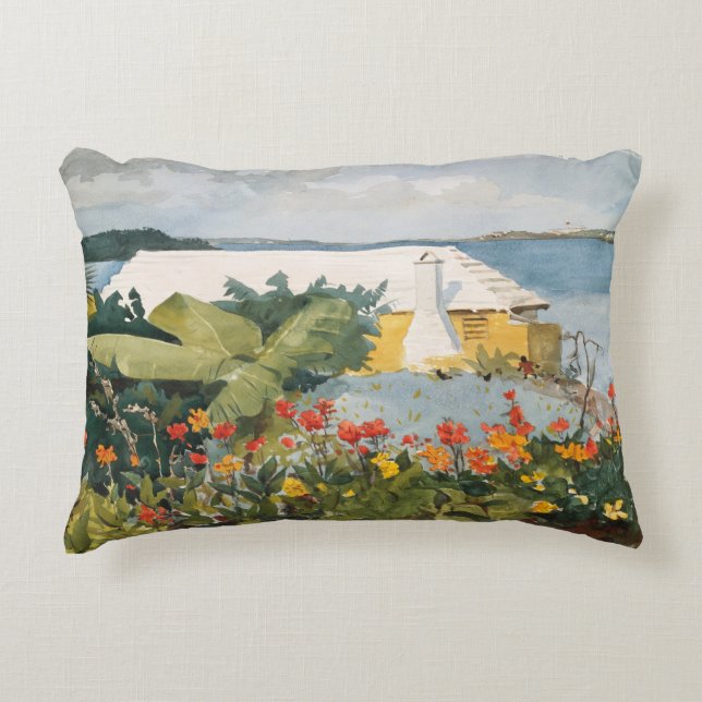 Winslow Homer Flower Garden and Bungalow Bermuda Accent Pillow (Front)