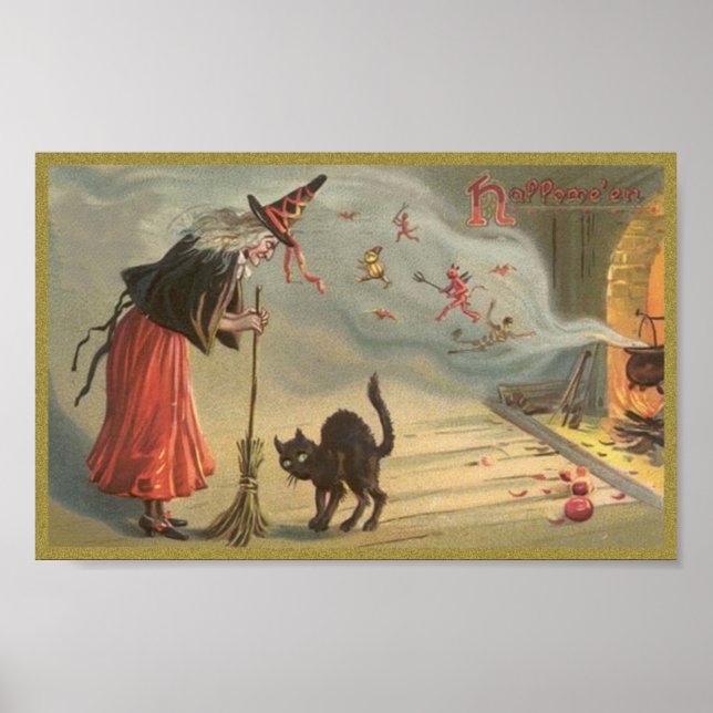 Wintage Halloween Witch, Cat Poster (Front)