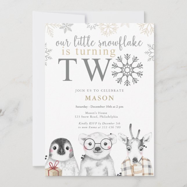 Winter 2nd Birthday neutral beige Invitation (Front)