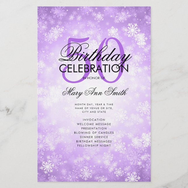 Winter 50 Birthday Program Purple Glam Menu (Front)