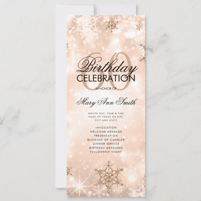 Winter 60th Birthday Program Rose Gold Menu (Front)