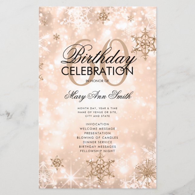 Winter 60th Birthday Program Rose Gold Menu (Front)