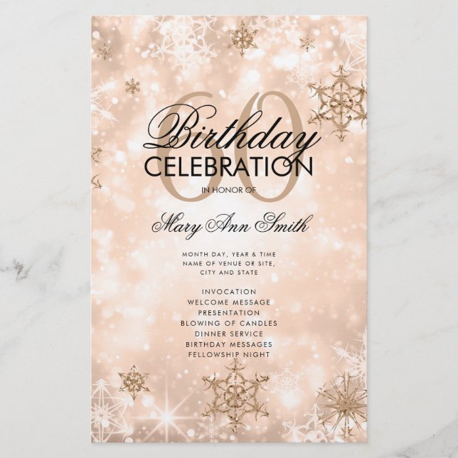 Winter 60th Birthday Program Rose Gold w/ Menu (Front)