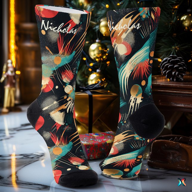 Winter Abstract Socks in Teal, Gold, and Red (Creator Uploaded)