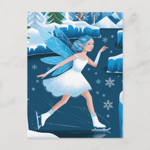 Winter Adorable Ice Skating Fairy Blue White Postcard