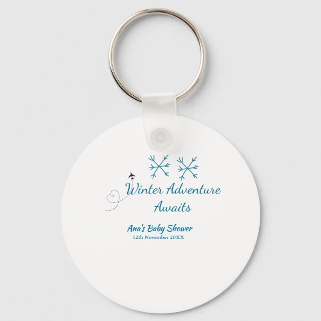 Winter Adventure awaits baby shower blue snowflake Keychain (Front)