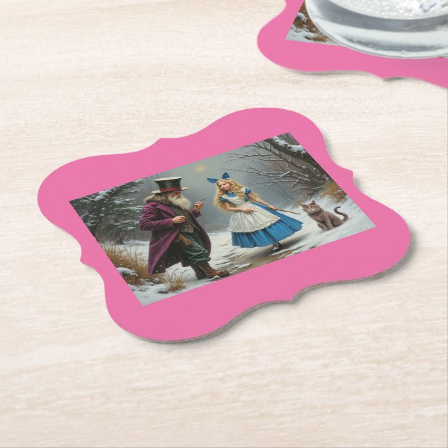 Winter Alice pink paper bracket drink coasters (Angled)