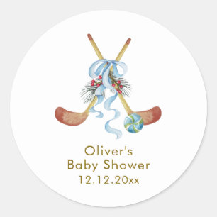 Winter All Star Bow Floral Hockey Baby Shower  Classic Round Sticker