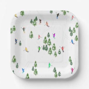 Winter Alpine Skiers Skiing Ski Skis Pattern Paper Plate