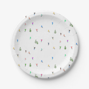 Winter Alpine Skiers Skiing Ski Skis Pattern Paper Plate
