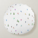 Winter Alpine Skiers Skiing Ski Skis Pattern Round Pillow<br><div class="desc">Cool winter themed skier pattern design with skiers skiing down alpine ski resort slopes among snow covered fir trees in alps. Freeride skiers are wearing colourful vintage retro ski suits, skiing downhill with skis on a white snowy mountain landscape background. Wonderful winter sport fun gift for a skier in your...</div>