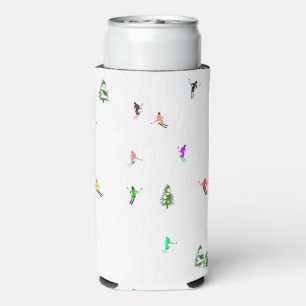 Winter Alpine Skiers Skiing Ski Skis Pattern Seltzer Can Cooler