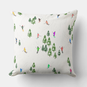 Winter Alpine Skiers Skiing Ski Skis Pattern Throw Pillow