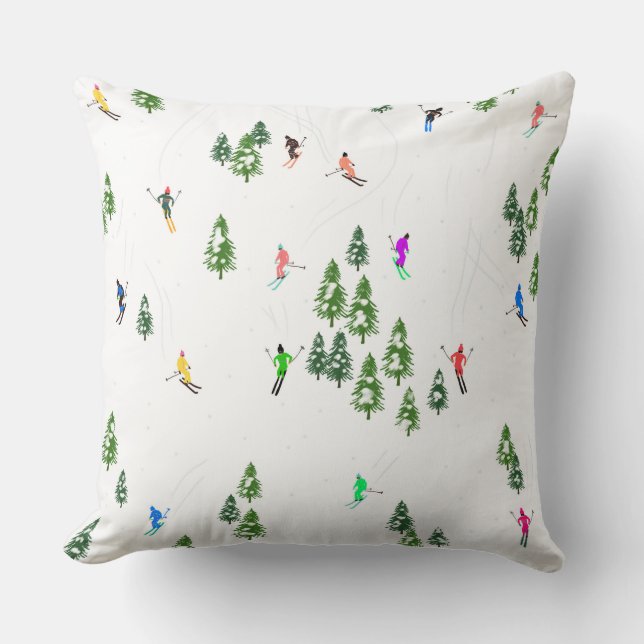 Winter Alpine Skiers Skiing Ski Skis Pattern Throw Pillow (Front)