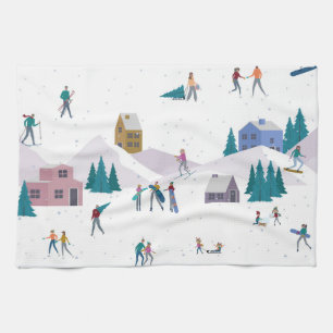 Winter Alps holidays: active people seamless Kitchen Towel
