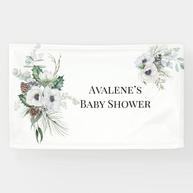 Winter Anemone Floral Hand-Painted Wedding Banner (Horizontal)