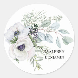 Winter Anemone Floral Hand Painted Wedding Classic Round Sticker
