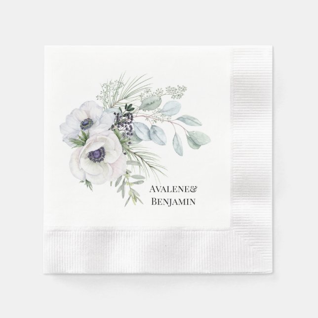 Winter Anemone Floral Hand Painted Wedding Napkin (Front)
