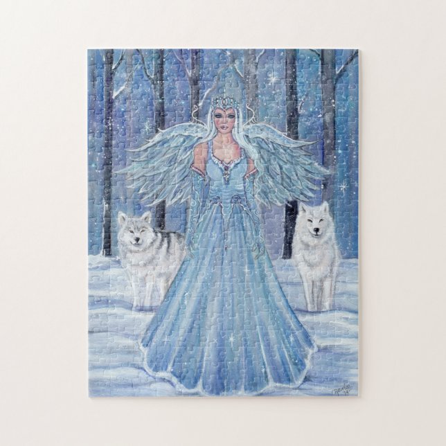 Winter angel puzzle with white wolves by Renee (Vertical)