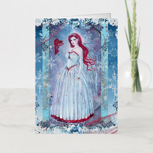 Winter angel with cardinal fantasy art print foil greeting card