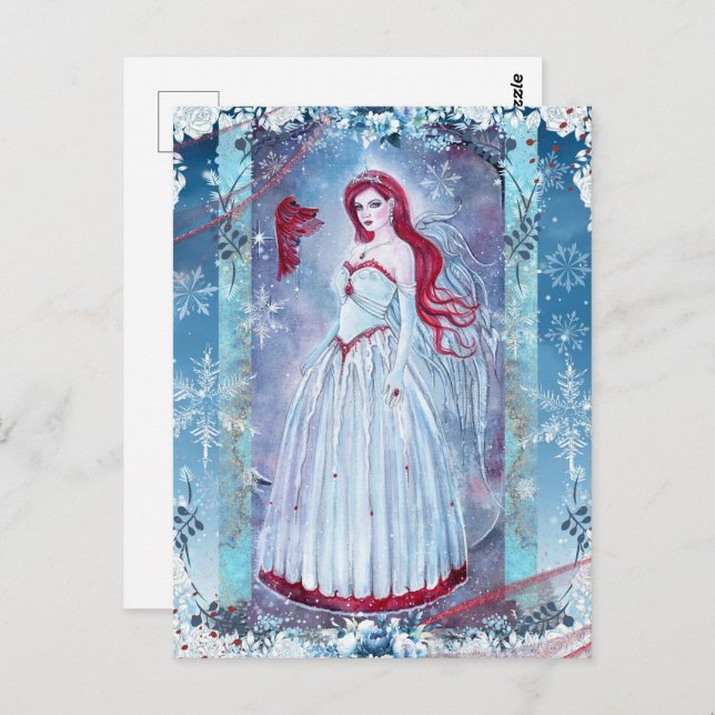 Winter angel with cardinal fantasy art print postcard (Front/Back)