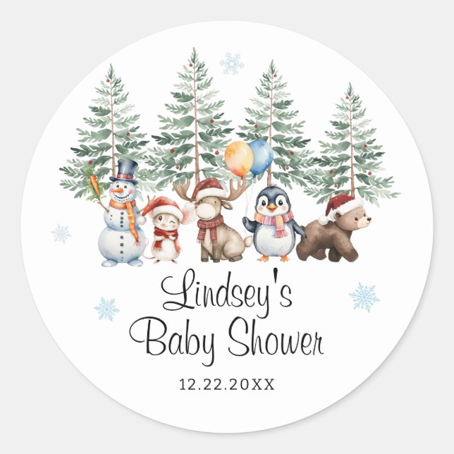 Winter Animal Baby Shower Classic Round Sticker (Front)