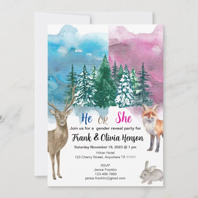 Winter Animal Forest Wonderland Gender Reveal Invitation (Front)