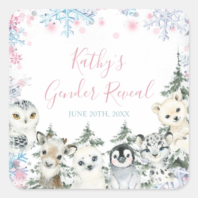 Winter Animal Gender Reveal He or She Snowflakes Square Sticker (Front)