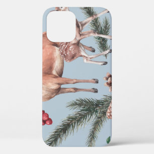 Winter animal sketch, blue background. iPhone 12 case
